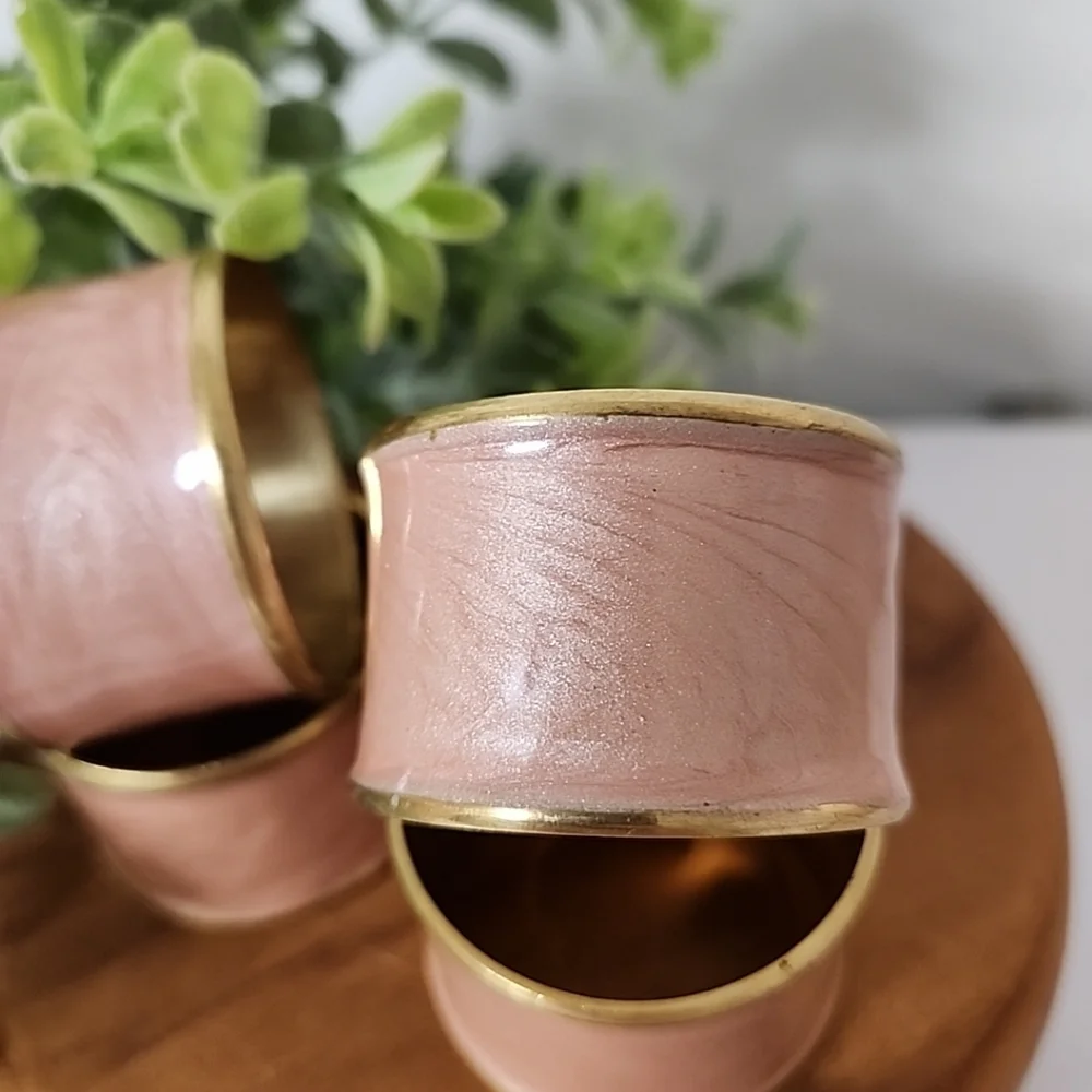 Set 4 Vintage Brass Pink Swirl Enamel Napkin Rings India Boho Chic Cottagecore